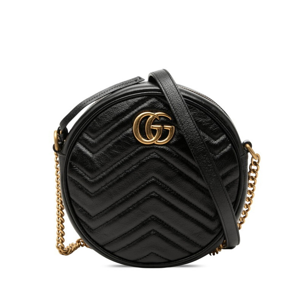 Gucci GG Marmont Crossbody Chain Shoulder Bag, Round Shape, 550154, Black Lea...